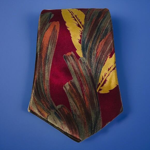 SERICA Italian Silk Shimmering Feather Neck Tie 56” x 3 3/4” Red Green Gold - Picture 1 of 3